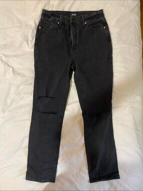 PAIGE Black High-Rise Straight Leg Jeans with Knee Distress